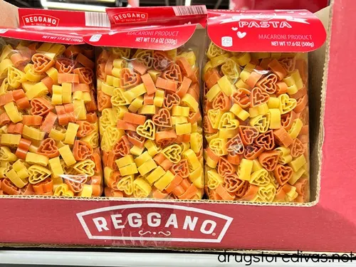 Three bags of heart-shaped pasta at ALDI.