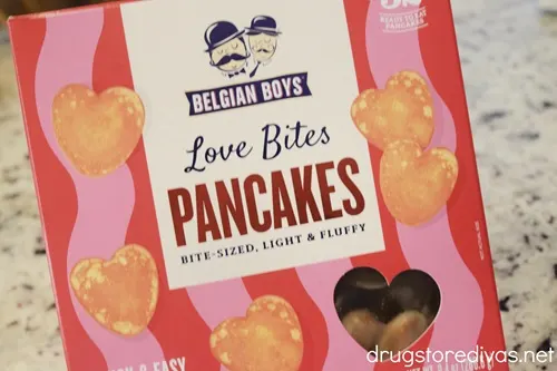 The outside of a box of Belgian Boys Love Bites heart-shaped pancakes.