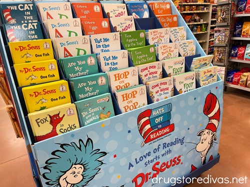 A display of Dr Seuss books in a Walmart store.