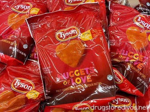 Bags of Tyson heart-shaped nuggets in a store.