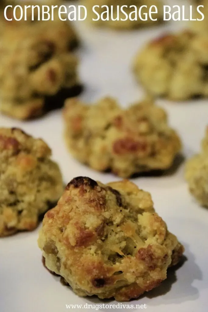 Cornbread sausage balls on a tray with the words "Cornbread Sausage Balls" digitally written on top.