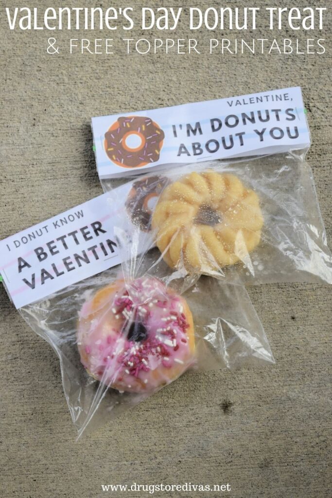 Two Valentine's Day donut treats with the words "Valentine's Day Donut Treat & Free Topper Printables" digitally written on top.