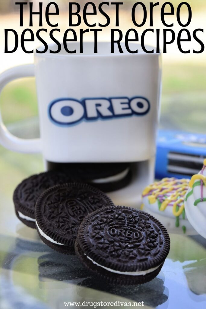 Oreo cookies coming out of a cookie mug that says "OREO" on it, next to a pack of Oreo cookies and near two Mardi Gras Oreo cookies with the words "The Best Oreo Dessert Recipes" digitally written on top.