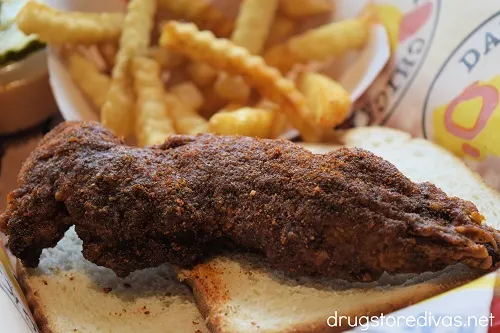 A piece of Mild Chicken and fries from Dave's Hot Chicken.