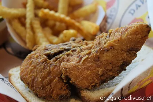 A piece of No Spice chicken and fries from Dave's Hot Chicken.