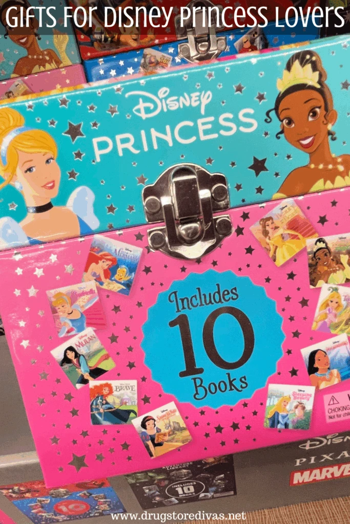 A pink box of books with Disney Princesses on the box with the words "Gifts For Disney Princess Lovers" digitally written on top.