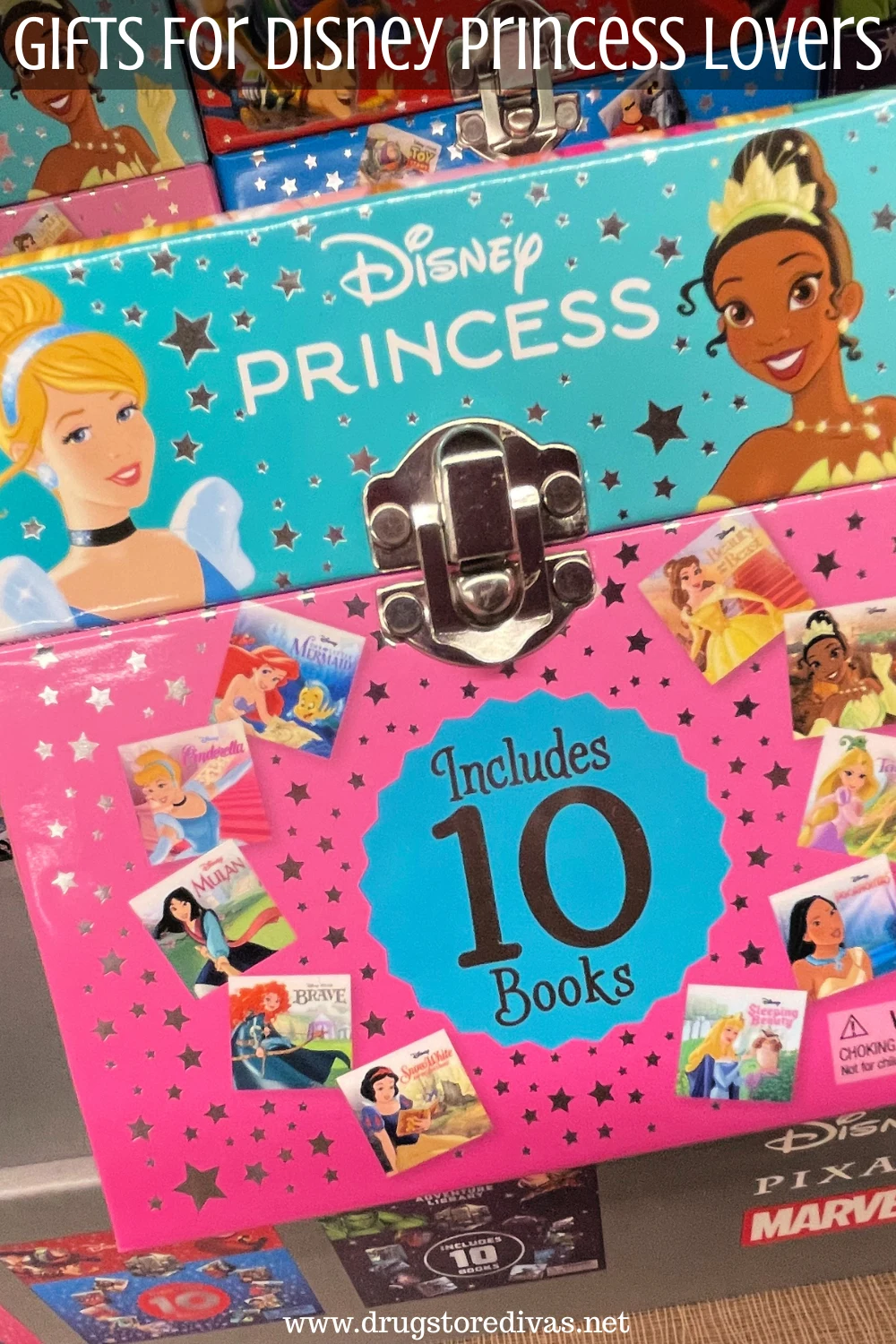 A pink box of books with Disney Princesses on the box with the words 