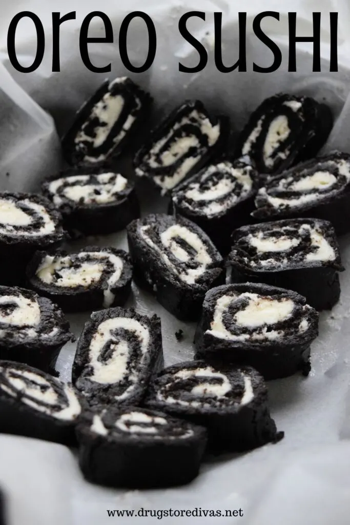 Pieces of Oreo sushi in a bowl with the words "Oreo Sushi" digitally written on top.