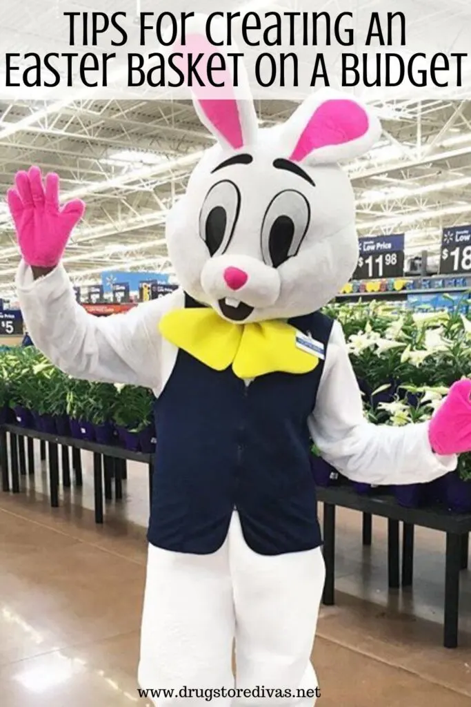 An Easter Bunny in Walmart with the words "Tips For Creating A Frugal Easter Basket" digitally written on top.