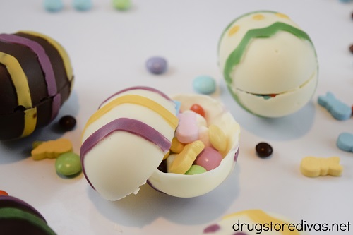 Chocolate smash eggs surrounded by Easter candy.