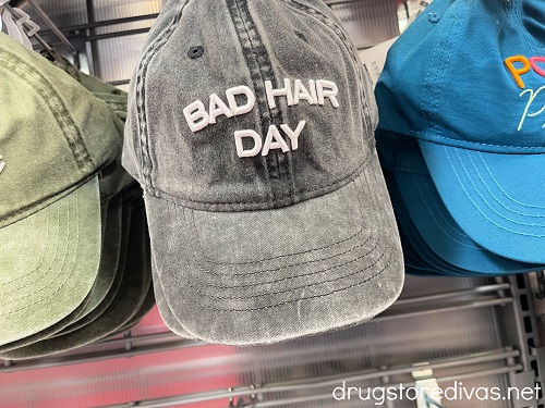 A gray baseball cap that says "Bad Hair Day" on it.