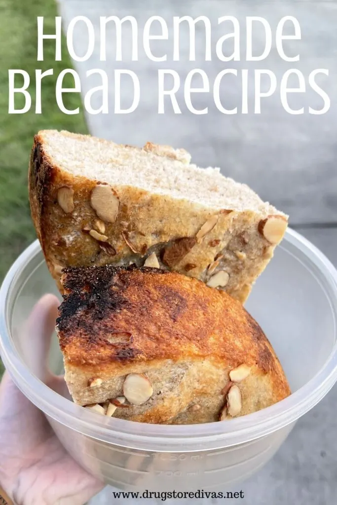 Two quarters of a sourdough loaf of bread in a bowl with the words "Homemade Bread Recipes" digitally written on top.