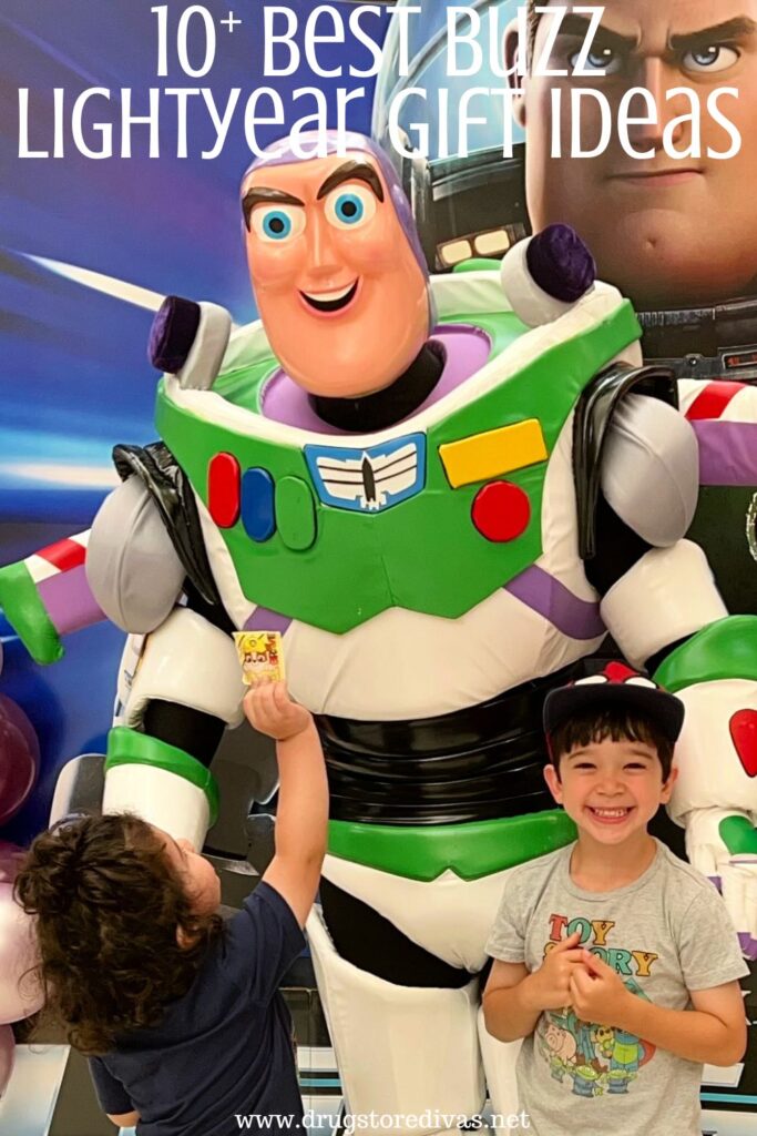 Two boys posing with a Buzz Lightyear character in front of a Lightyear movie poster and the words "10+ Best Buzz Lightyear Gift Ideas" digitally written above them.