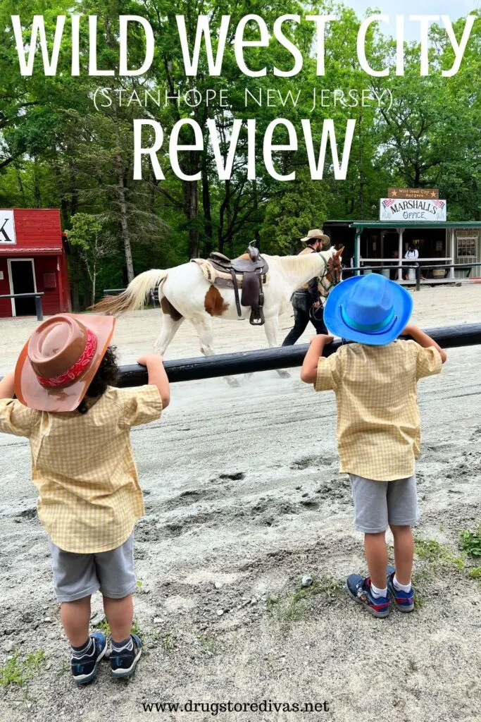 Two boys watching a horse walk by with the words "Wild West City *Stanhope, New Jersey) Review" digitally written on top.