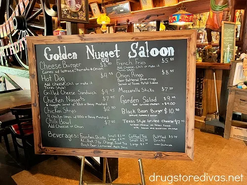 The Golden Nugget Saloon menu at Wild West City in Stanhope, NJ.