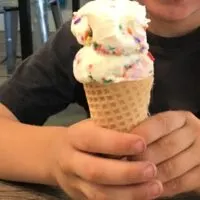 A boy holding an ice cream cone with the words 