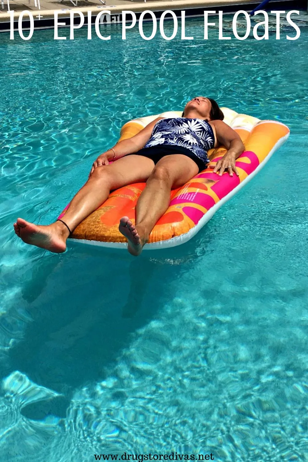 A woman floating on a pool float with the words 