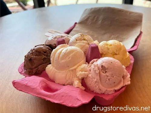 Six mini scoops of ice cream in a pink egg crate with napkins on a table in Wandering Cone Creamery in Wilmington, NC.