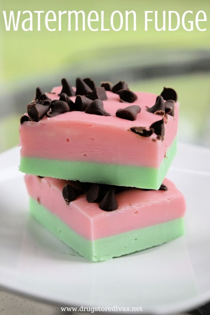 Two pieces of fudge decorated like a watermelon with the words "Watermelon Fudge" digitally written on top.