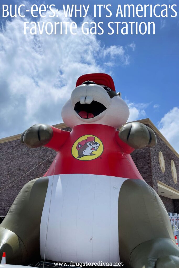 A blow up beaver in front of a Buc-ee's gas station with the words "Bucee's: Why It's America's Favorite Gas Station" digitally written on top.