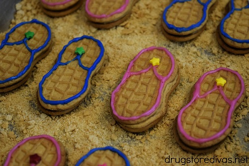 Nutter Butter flip flop cookies on graham cracker sand.