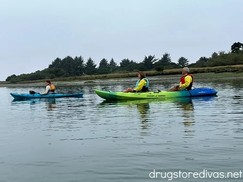 Three kayakers in Humboldt Bay in Eureka, CA.
