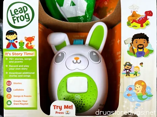 A LeapFrog On-The-Go Story Pal, which looks like a green and white bunny, in a box.