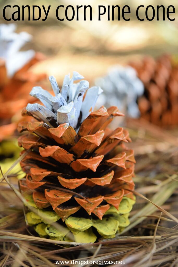 Three pine cones painted to look like candy corn with the words "Candy Corn Pine Cones" digitally written on top.