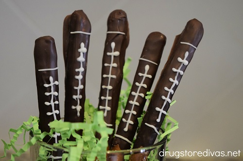 Chocolate football pretzel rods.