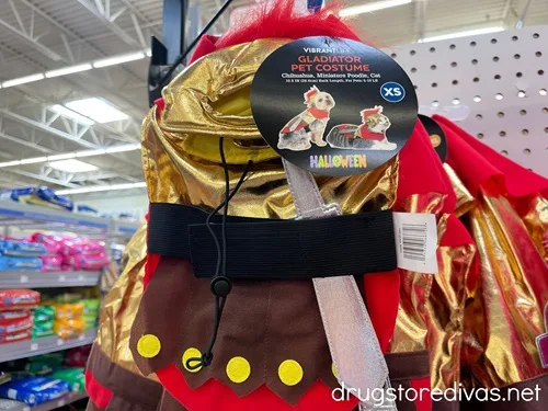 A gladiator pet costume on a shelf in a store.