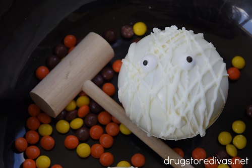 A Halloween Chocolate Breakable Mummy with a wooden hammer.