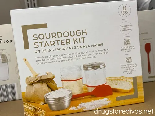 A sourdough starter kit in a box on a shelf in the store.