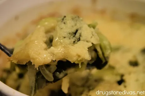 A spoonful of Brussels sprouts casserole.