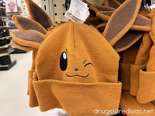 A knit winter hat that looks like the Pokemon Eevee.