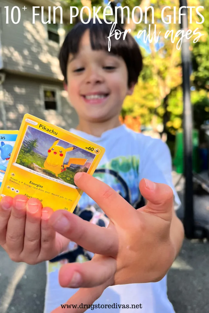A boy holding Pokemon cards with the words "10+ Fun Pokemon Gifts For All Ages" digitally written above him.