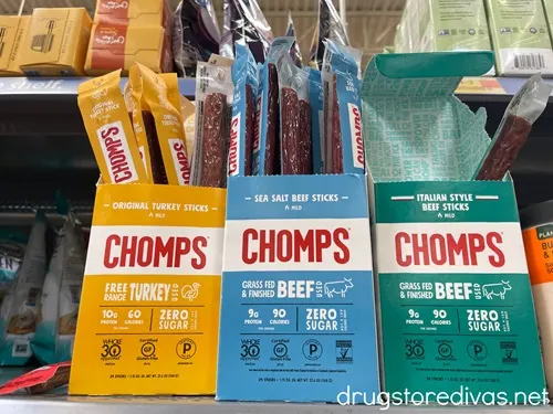 Boxes of Chomps beef jerky on a shelf.