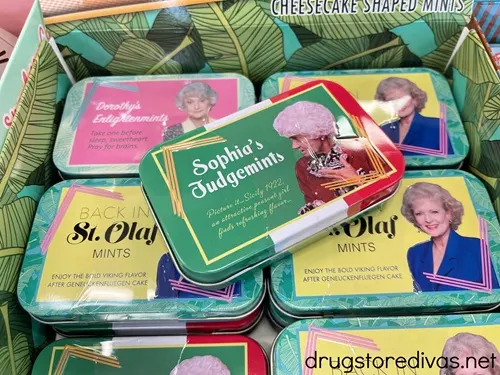 Boxes of mints with images from the TV show Golden Girls on them.