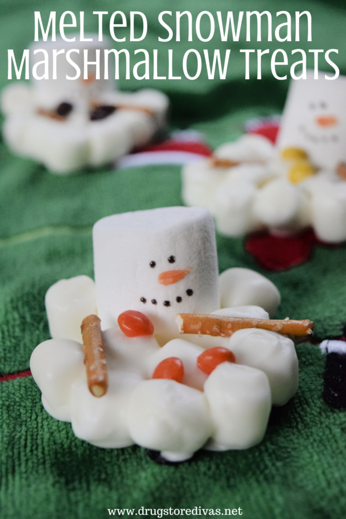 Three marshmallow snowmen with the words "Melted Snowman Marshmallow Treats" digitally written on top.