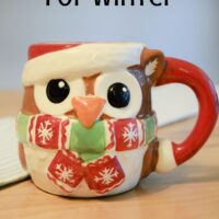 A mug with an owl dressed in a scarf and hat with the words 