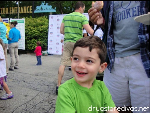 A little boy in a green shirt in front of a zoo entrance.