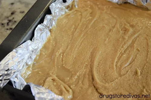Peanut butter fudge in a pan.