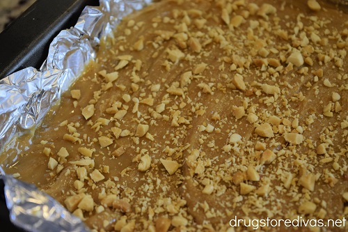 Chopped peanuts on top of peanut butter fudge in a pan.
