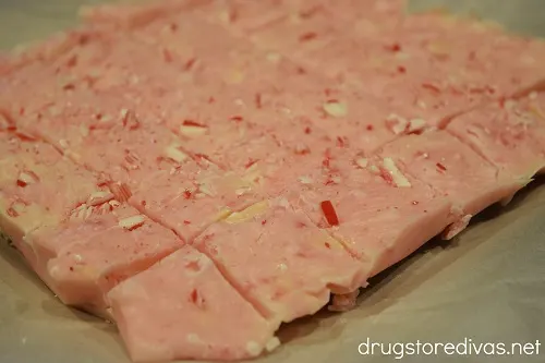 Candy Cane Fudge cut into pieces.