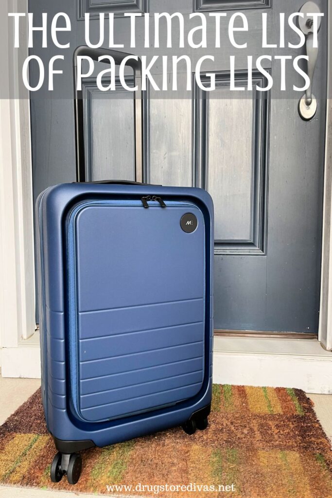 A suitcase on a porch with the words "The Ultimate List Of Packing Lists" digitally written on top.