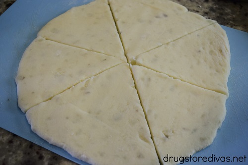 A thin dough cut into six slices.