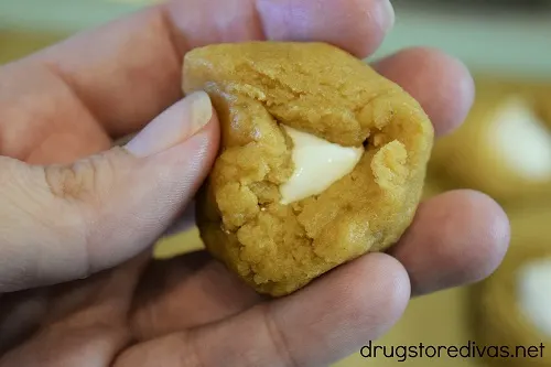 Peanut butter cookie dough around marshmallow.