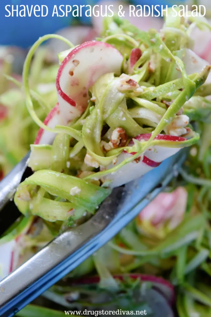Thin slices of asparagus and radish being held up by tongs with the words "Shaved Asparagus & Radish Salad" digitally written above it.