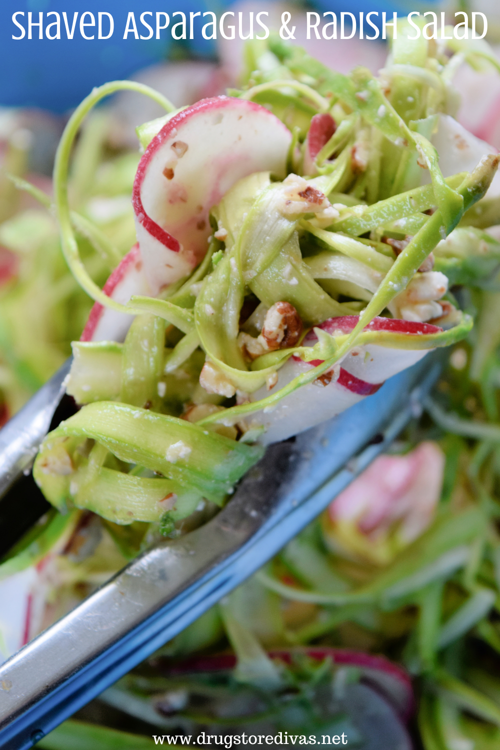 Thin slices of asparagus and radish being held up by tongs with the words 