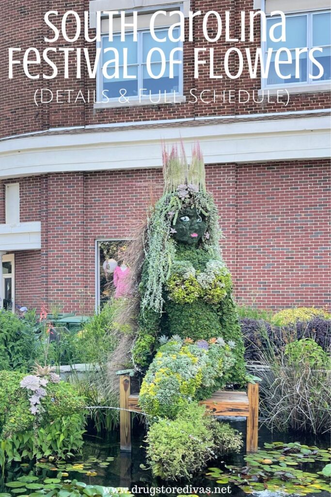 A topiary shaped like a mermaid with the words "South Carolina Festival Of Flowers (Details & Full Schedule)" digitally written above it.