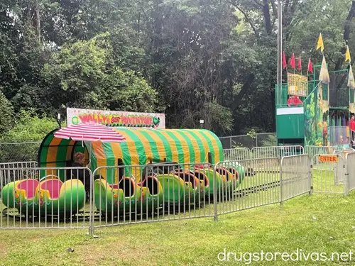A kids carnival roller coaster set up at the Sumter Iris Festival.